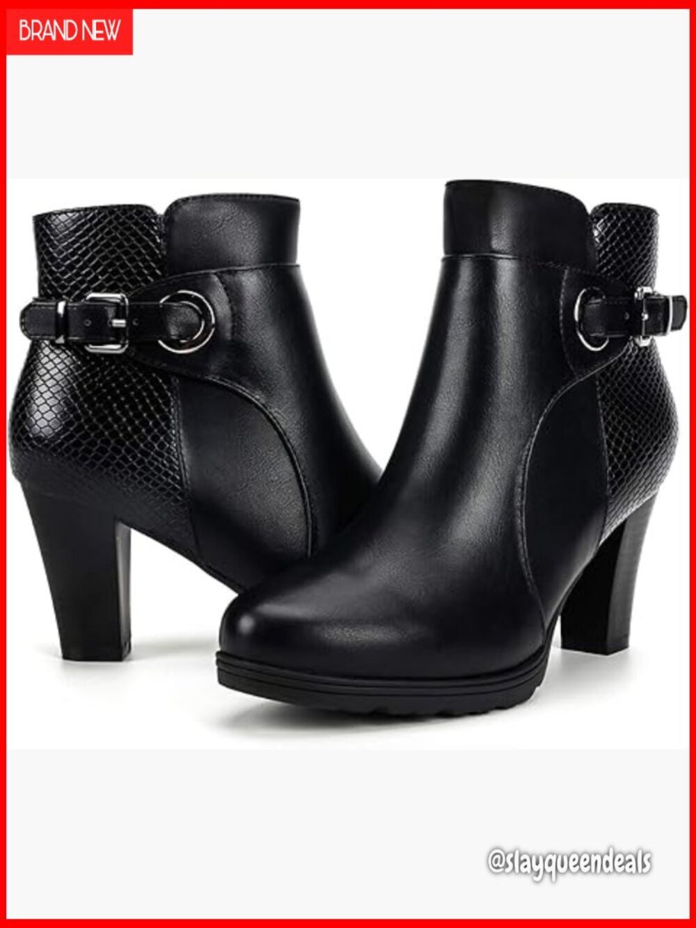 Women's Chunky Heel Ankle Boots with Side Zipper and Buckle Strap